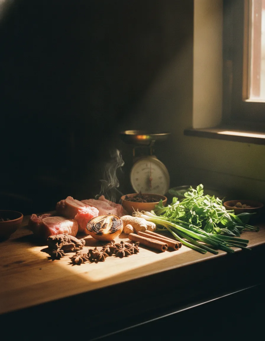 Ingredienti del brodo disposti sul tavolo — ossa, anice stellato, zenzero, cipollotti