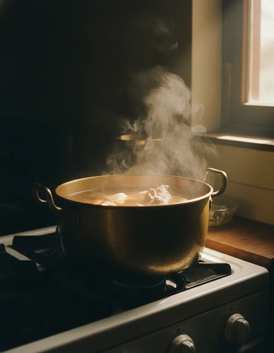 Pentola di brodo che sobbolle sul fuoco