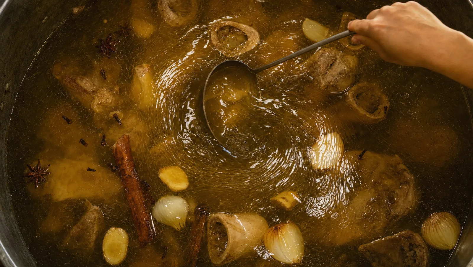 Una mano mescola il brodo del phở nella pentola: ossa, cipolle e spezie in cottura